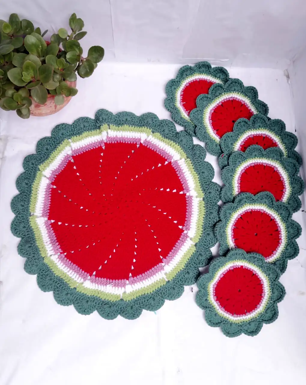 Handcrafted Watermelon Crochet Table Mat & Coaster Set - View 1